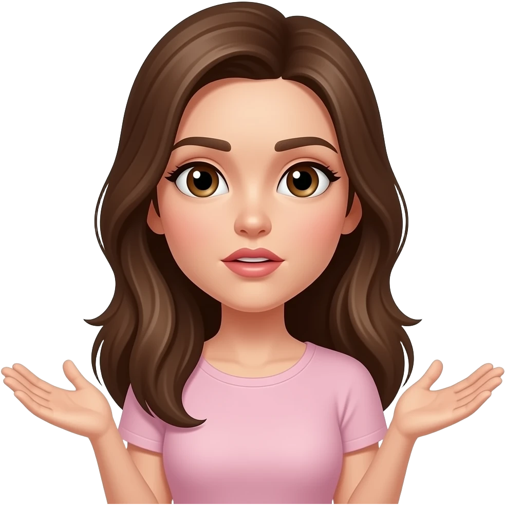 Female, light colored skin, long brown hair and brown eyes, with hands out to side saying What? emoji