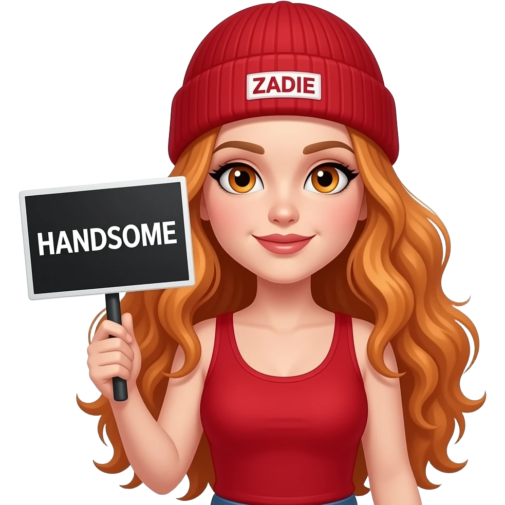 sexy girl with overlong wavy ginger hair and ginger eyes wearing a red tanktop and a red beanie with ZADIE written on it, is holding a black sign with HANDSOME written on it emoji