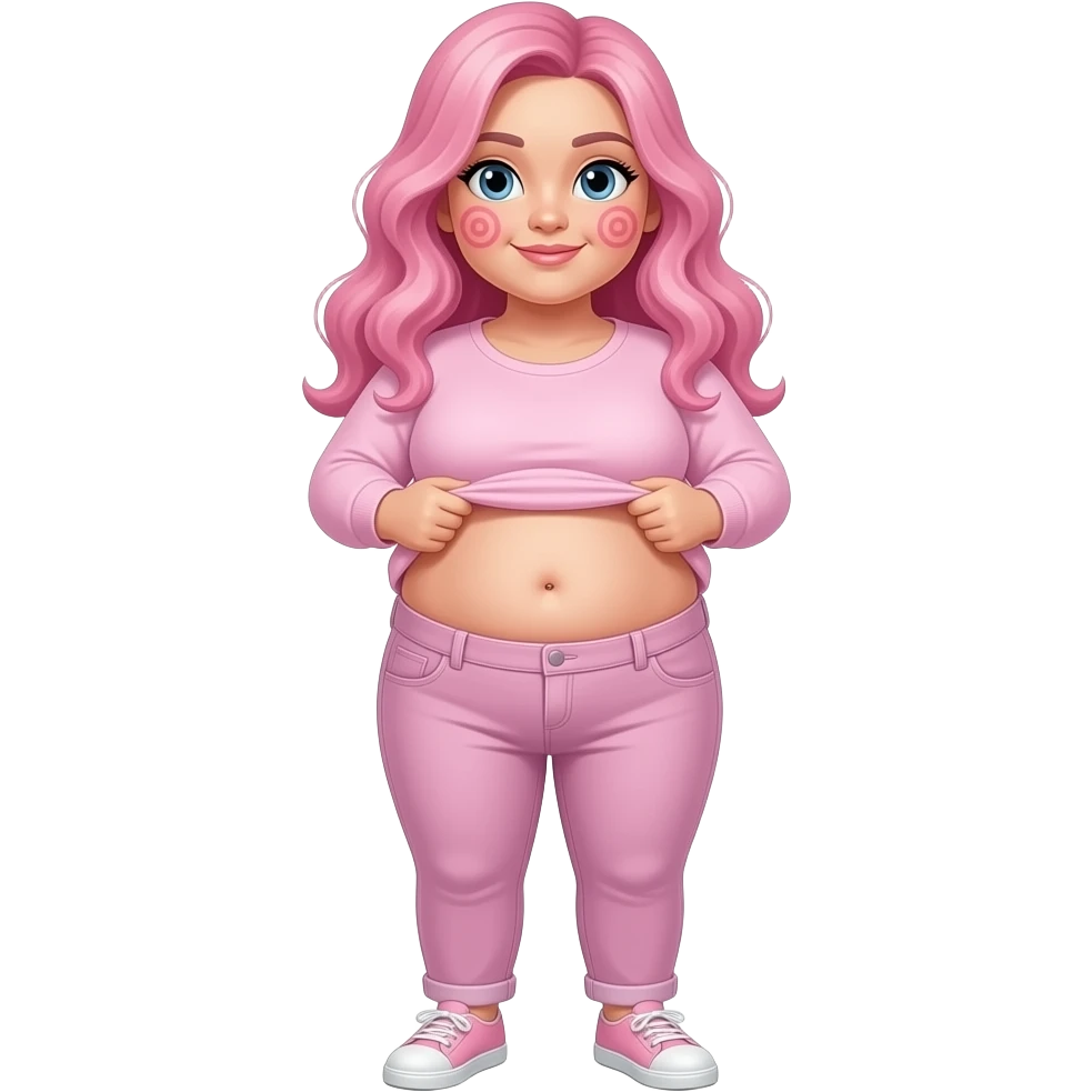 White fat girl light pink swirly long hair pink swirl cheeks light pink plain long sleeve shirt light pink jeans light pink shoes lifting shirt showing fat belly button emoji