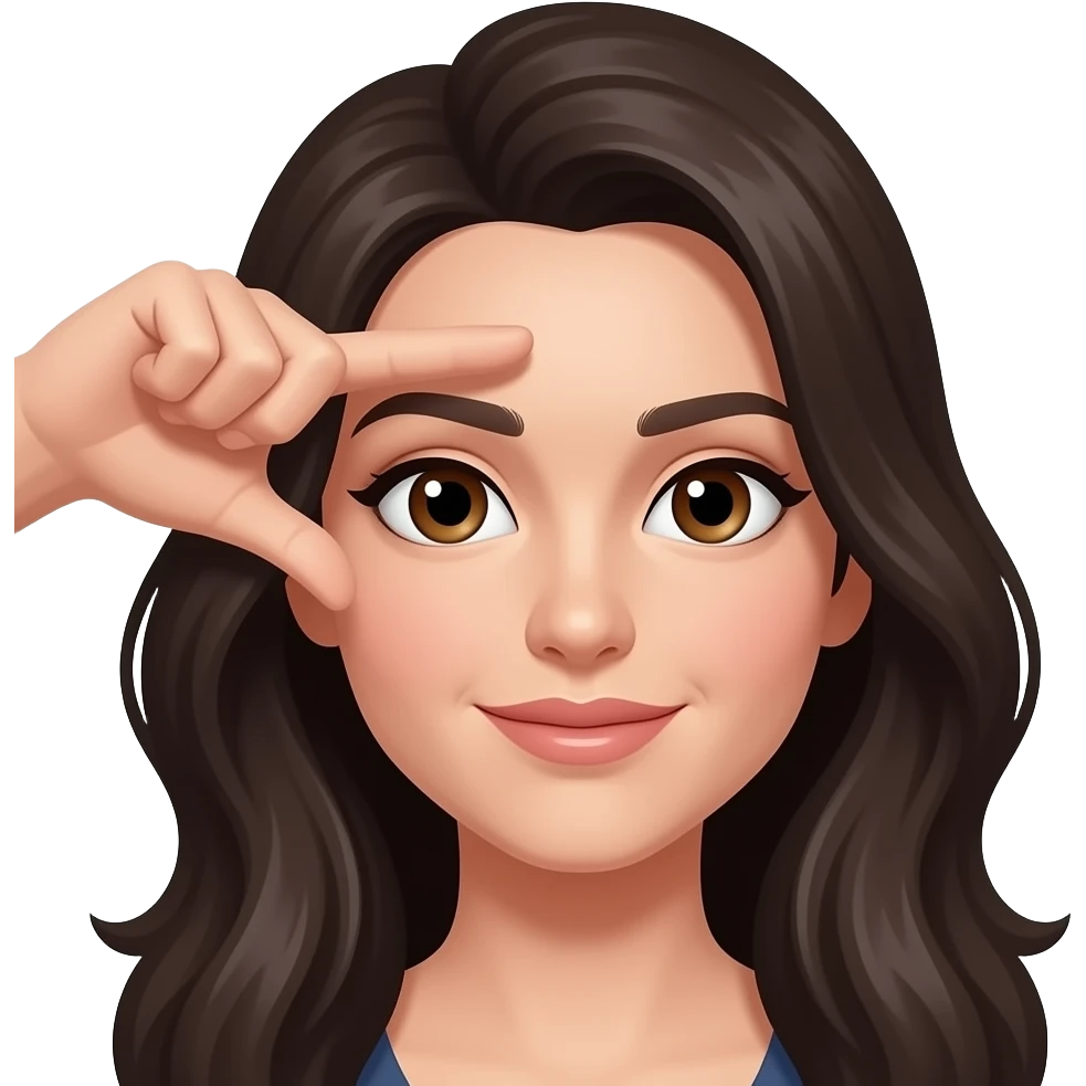 Woman with dark long hair brown eyes L fingers on forehead with thumb and index finger emoji