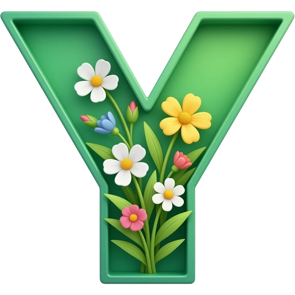 a letter Y  in beautiful green colour having colourful flowers in it emoji