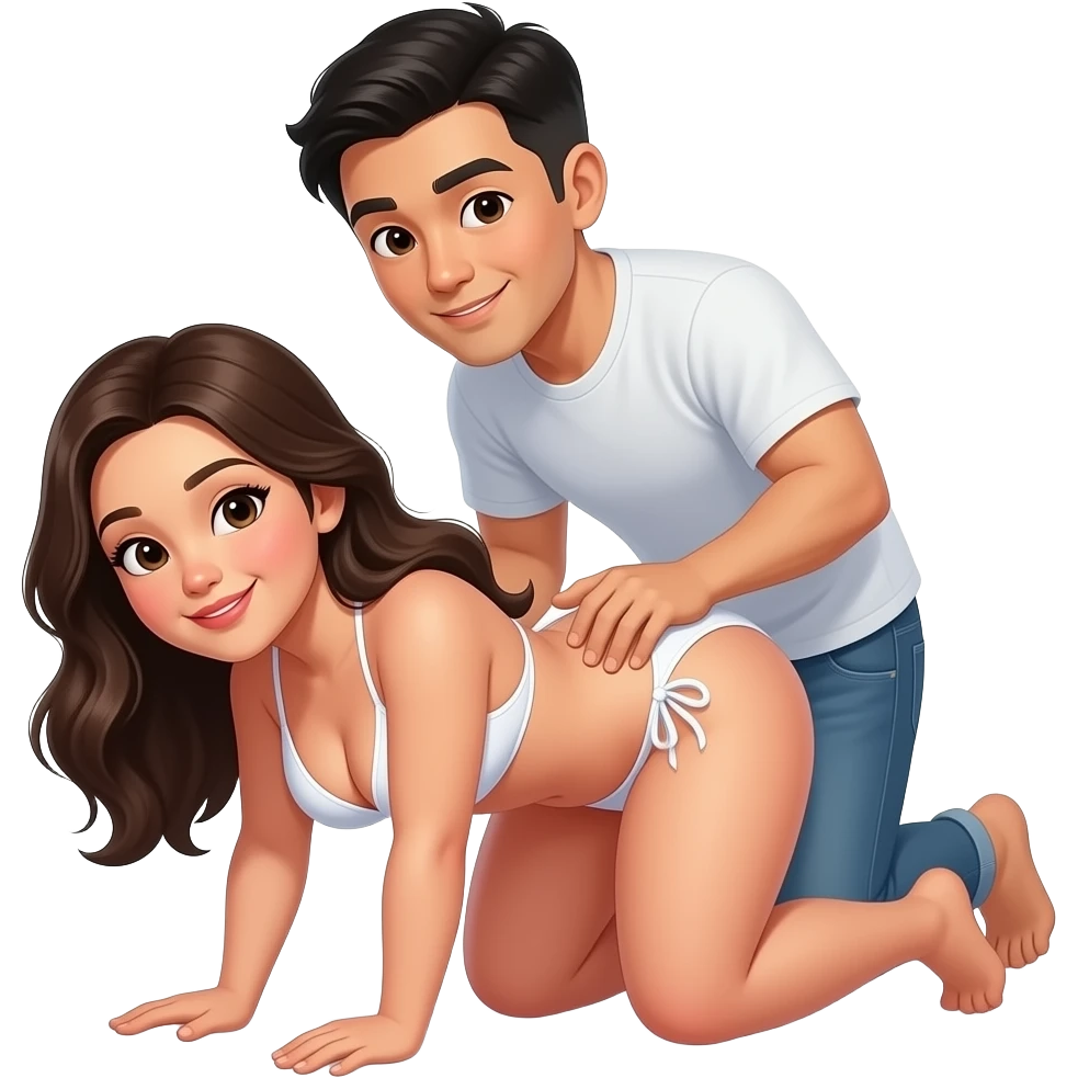 Curvy White Woman in bikini laying on her hands and knee and on her head with an asian man behind grabbing her waist emoji