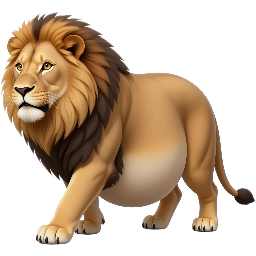 A reality lioness,trying to walk normally,but her huge overstuffed tummy rolls side to side,the lioness ate way too much,she became so fat,she has the biggest pot belly. emoji