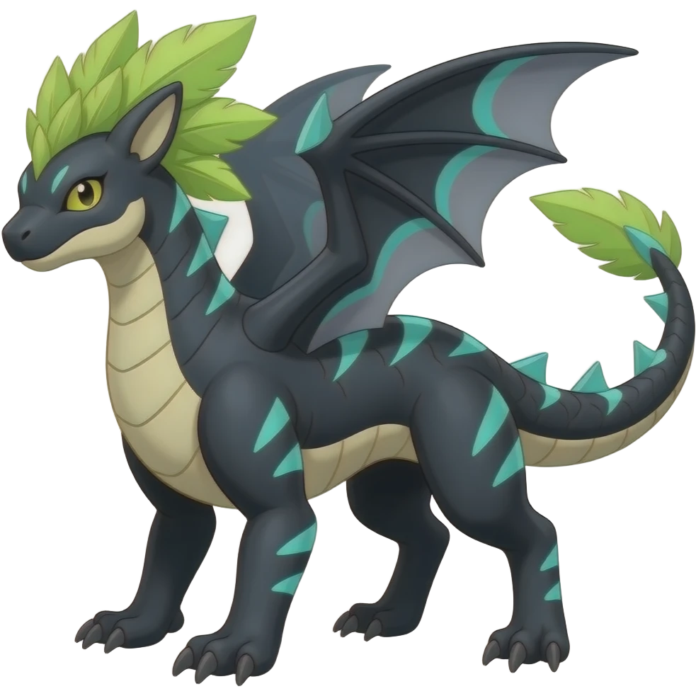 Cool edgy ancient black-scaled with neon-cyan stripe markings digitigrade bipedal vintage futuristic raptorik fantasy-Cyberpunk-Steampunk-Solarpunk-Genesect-Salamence-Cyclizar-Salazzle-Feraligatr-Fakémon-animal-hybrid, with neon feather-mane, and a tail blade, back spikes, full body emoji