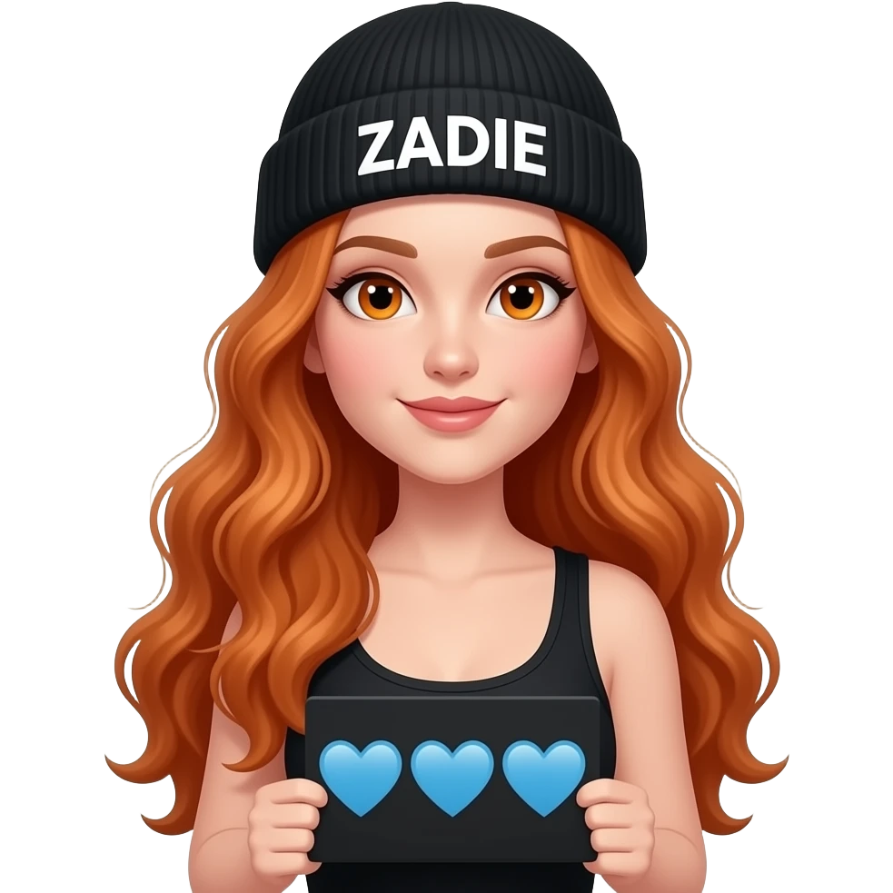 sexy girl with overlong wavy ginger hair and ginger eyes wearing a black tanktop and a black beanie with ZADIE written on it, is holding a black sign with 💙💙💙 on it emoji