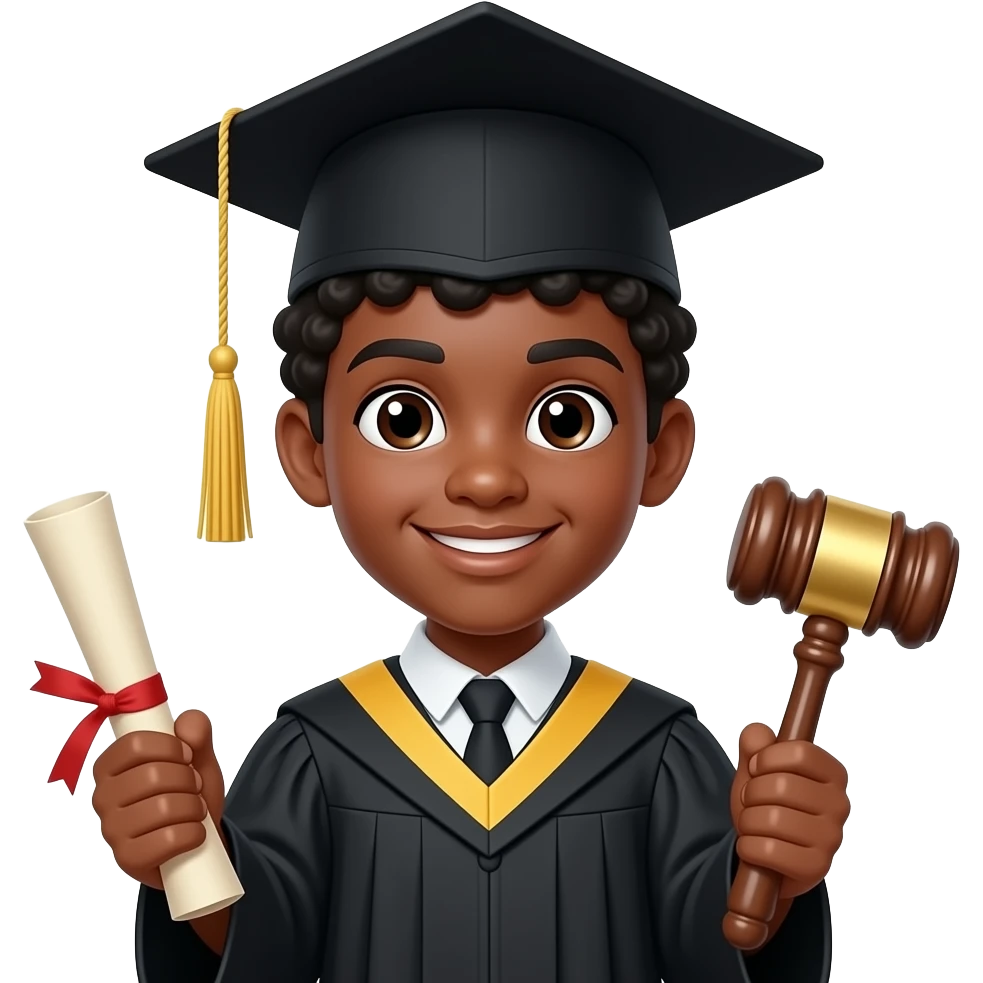 create me an emoji-style png of a black guy student with short black curly hair wearing a classic black graduation cap major, in a style of "criminal justice" major. In one hand hes holding a rolled up graduation paper, and in the other hand holding a item that represents the criminal justice major emoji