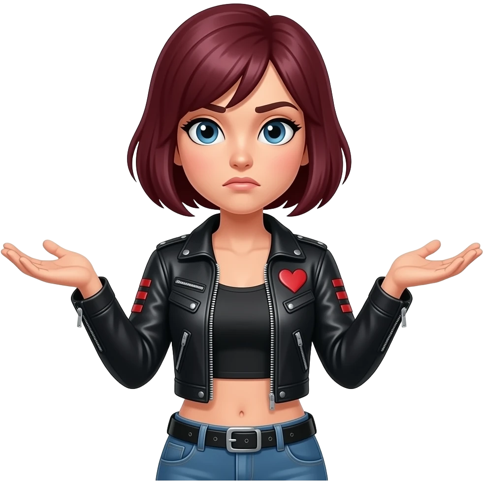 A female Harley rider with short mahogany-coloured hair, dressed in biker gear, with a heart On jacket, hands out to her side bent flat handed up in a What question?.  Face looks confused emoji