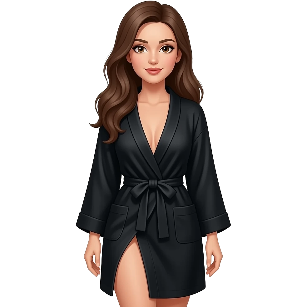 Sexy white long brunette hair girl with brown eyes in a black open bathrobe with long legs emoji