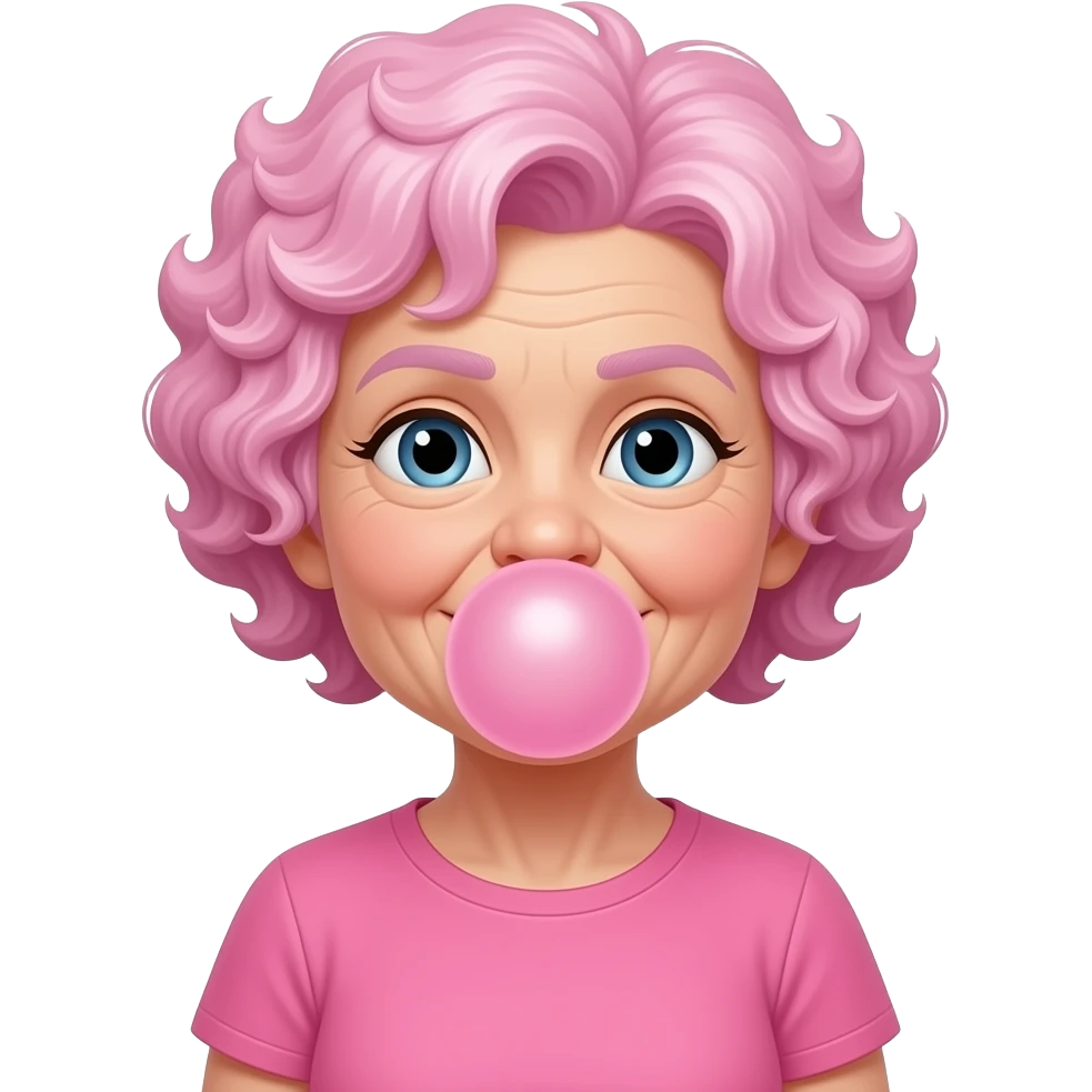 Bubblegum poping on face, pink tshirt grandma, with pink curly hair emoji