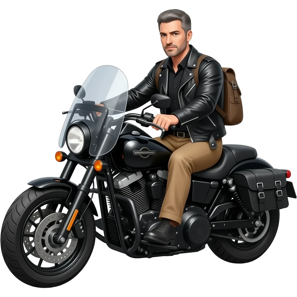 Black and gray short hair clean shaven man with no beard in black leather jacket and black shirt and tan pants riding on a harley with a windshield and saddlebags emoji