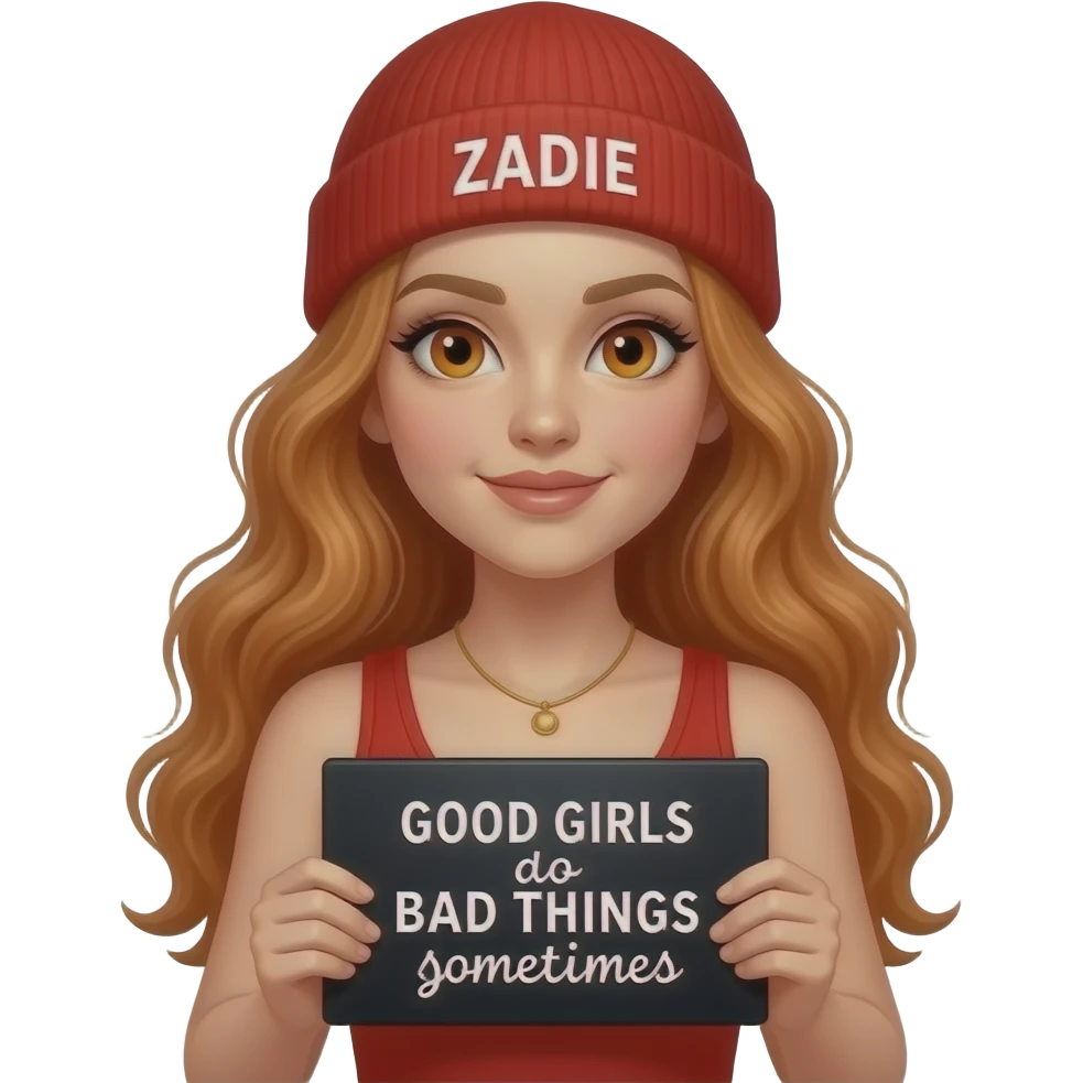 sexy girl with overlong wavy ginger hair and ginger eyes wearing a red tanktop and a red beanie with ZADIE written on it, is holding a black sign with GOOD GIRLS do BAD THINGS sometimes written on it emoji