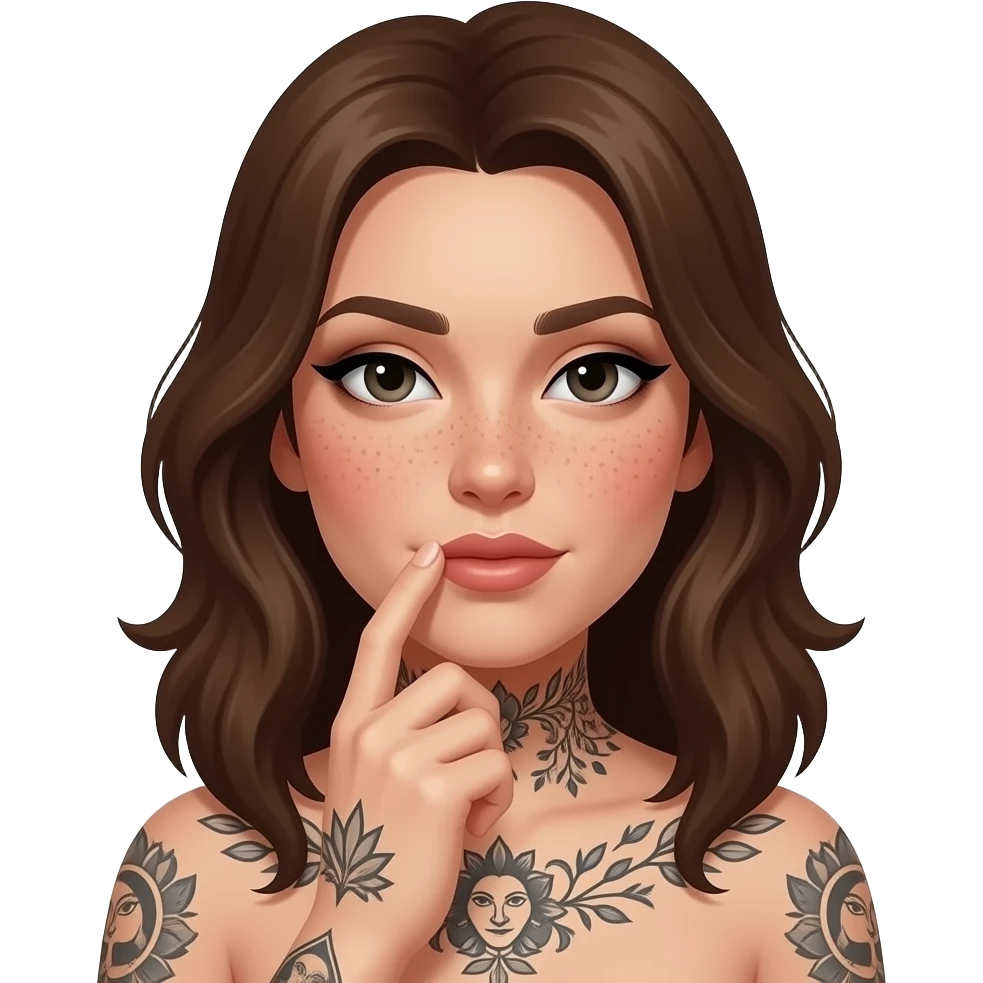 Brune hair, oldschool tattoos girl sex with boobs naked freckles in her face and black eyeliner emoji