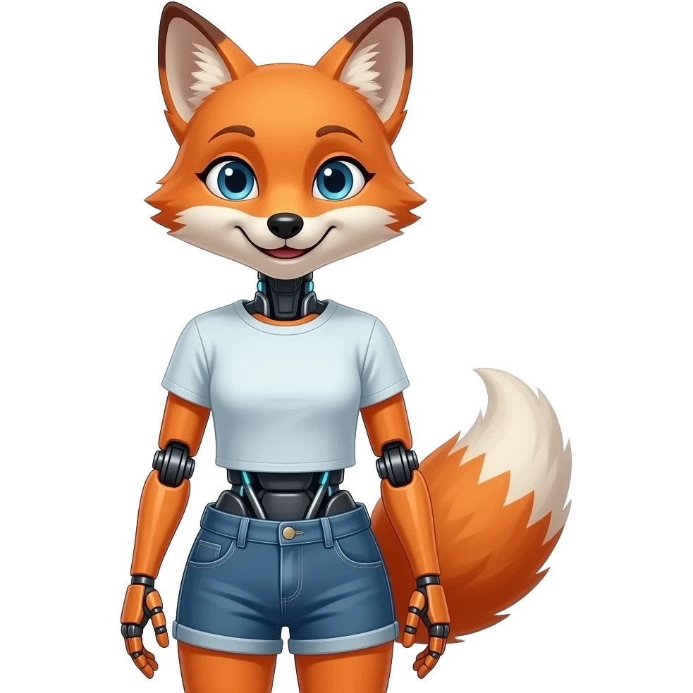 A humanoid robot female fox wearing a tee shirt and shorts emoji