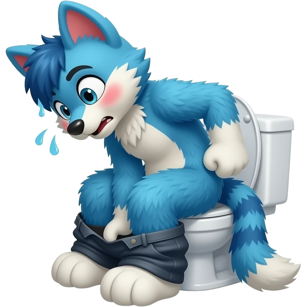 blue fursuit sitting on toilet, side view, pants down, straining face, red blushing face, sweating, pain, pushing, both fits emoji