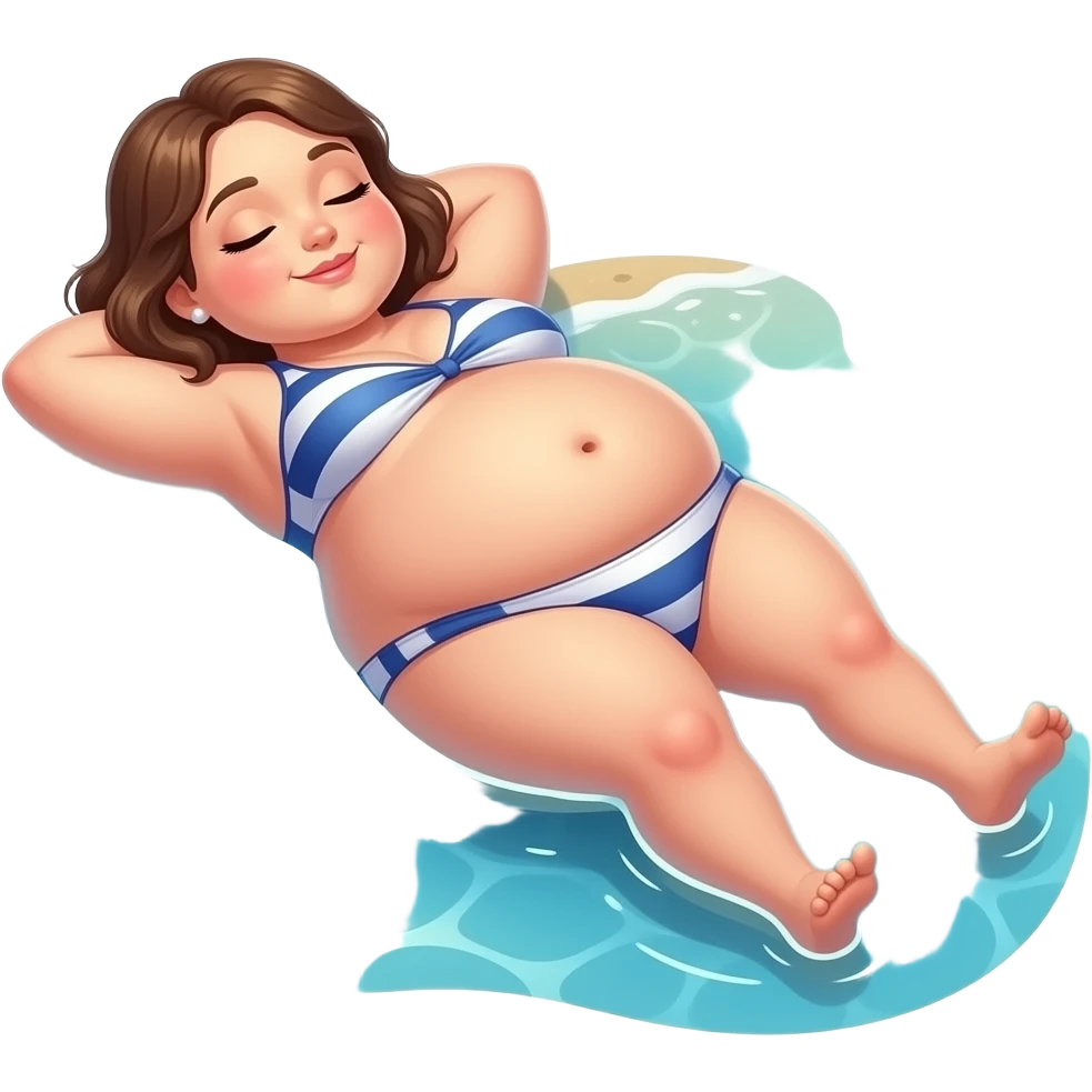 A girl enjoys beach holiday in her swimmers,but she is so full from a lunch break that she is about to burst,Then her fat Tummy rolls & drops out,she will just lay on her back in the shallow cool water,her gluttonous belly promotes a good resort business. emoji