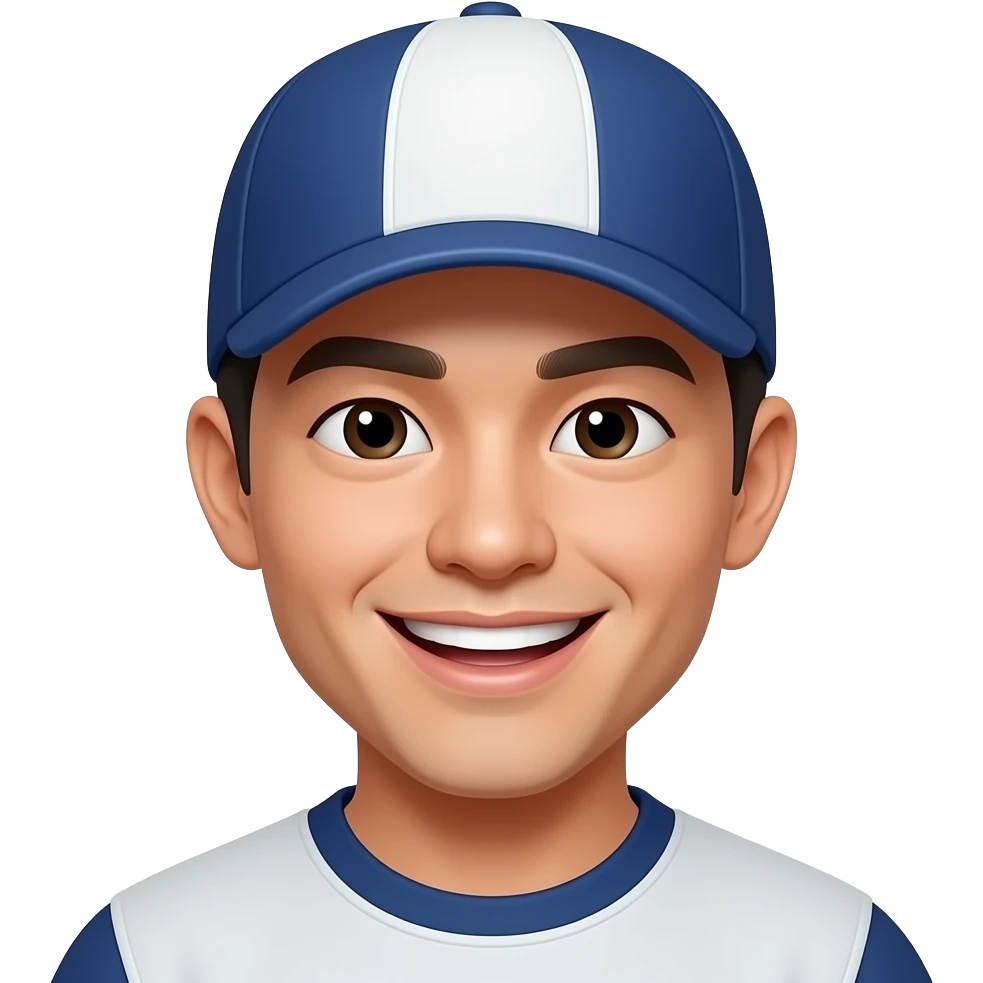 baseball fan, asian, 20s, only face, wearing deep blue ball cap, happy emoji