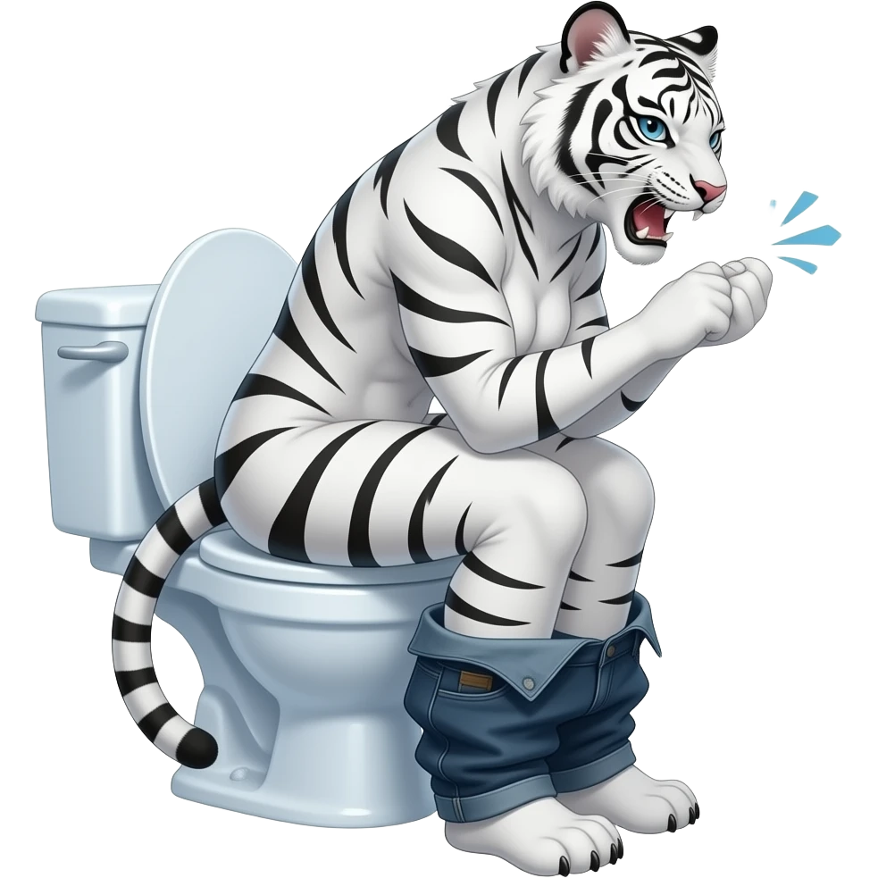 Female white tiger furry person woman,sit on toilet,grunting,fursona,pants down,side view emoji