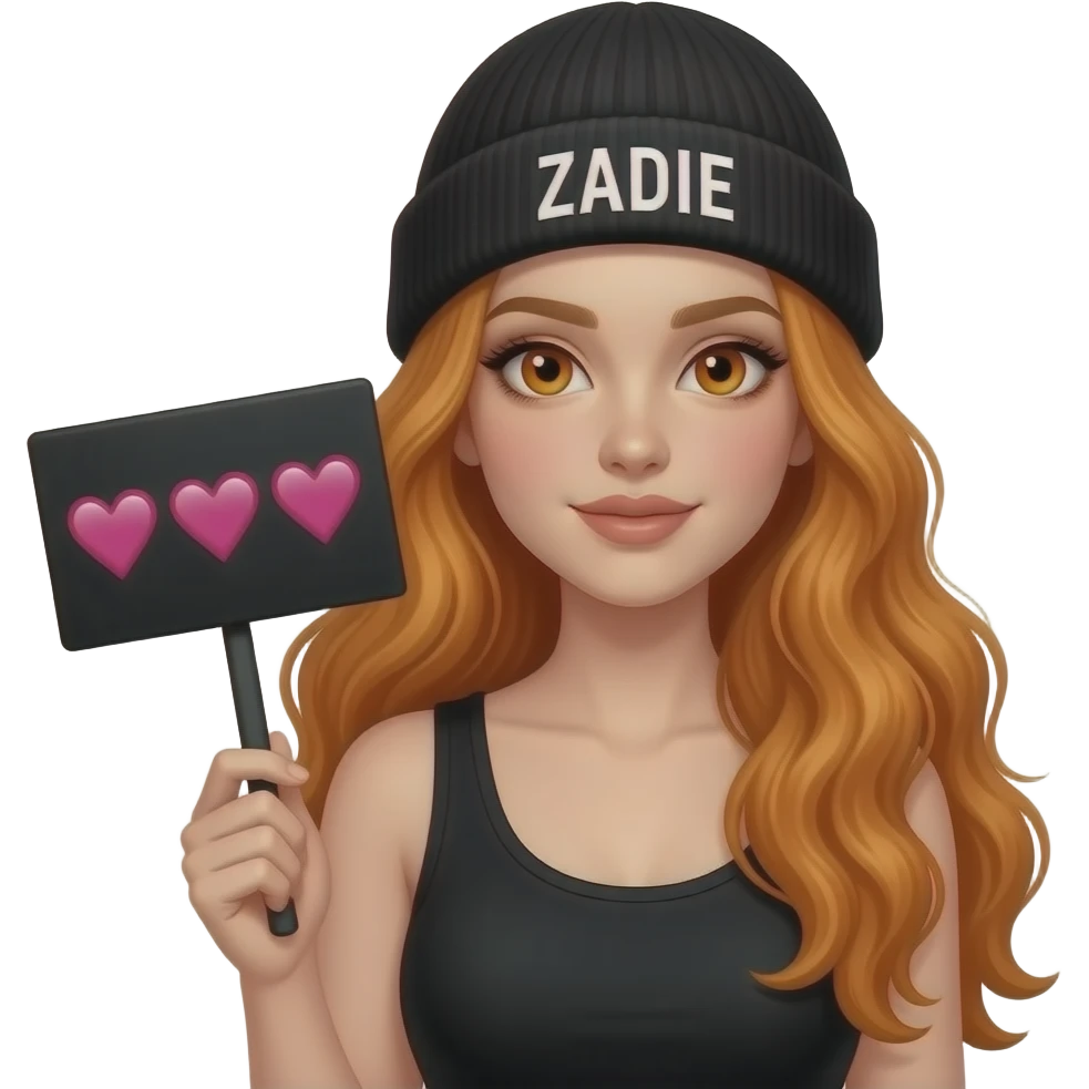 sexy girl with overlong wavy ginger hair and ginger eyes wearing a black tanktop and a black beanie with ZADIE written on it, is holding a black sign with 💗💗💗 on it emoji