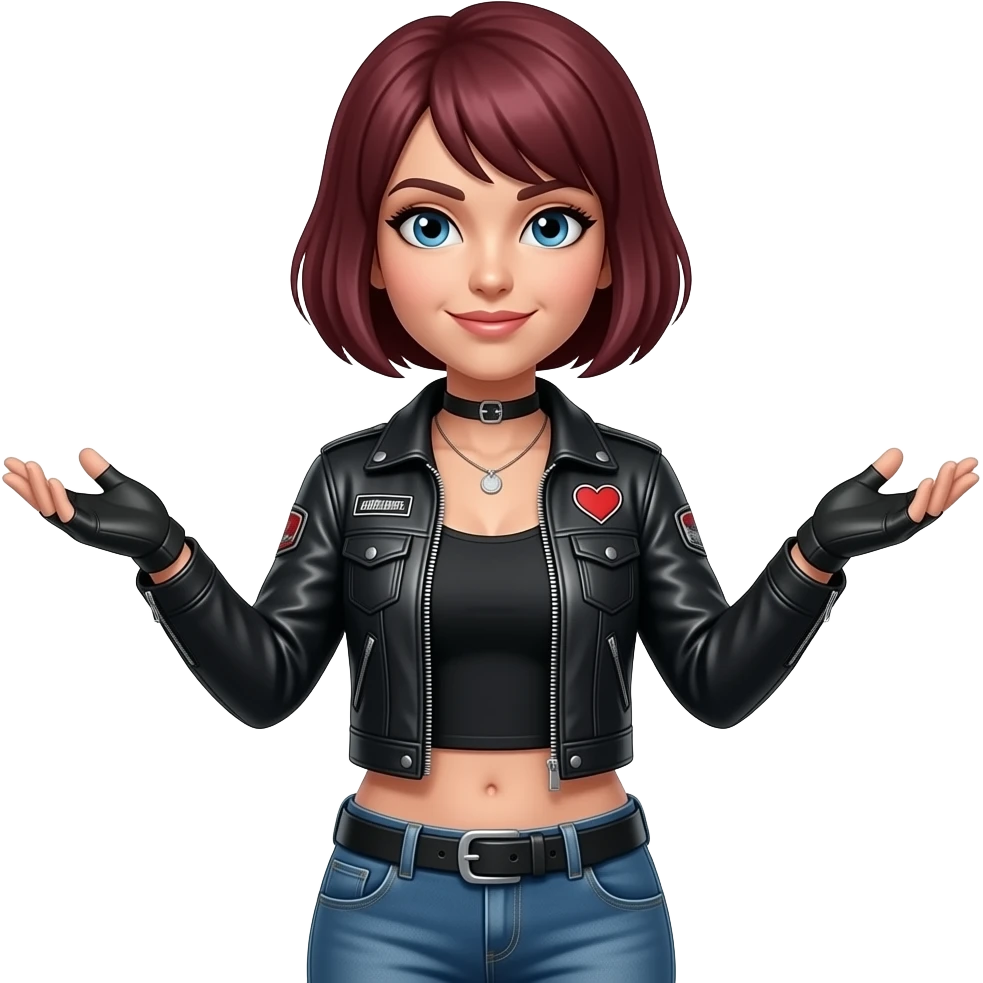 A female Harley rider with short mahogany-coloured hair, dressed in biker gear, with a heart On jacket, hands out to her side bent flat handed up in a What questionWhat? emoji