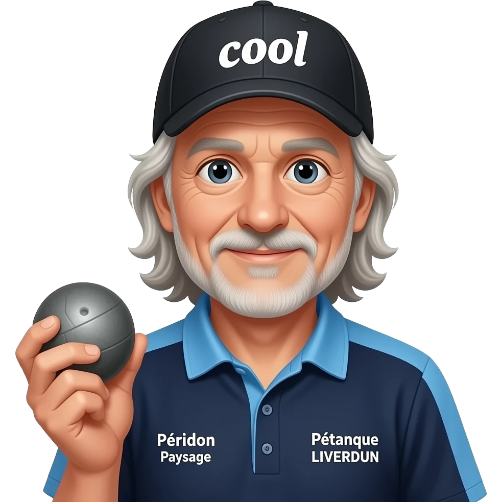 tête homme 70 ans cheveux longs sous casquette noire marquée "cool" avec boule de pétanque grise à la mainsur maillot bleu foncé avec col trois boutons bleu clair avec épaules seules bleu clair coté droit Pétanque LIVERDUN, côté gauche "Péridon Paysage" emoji