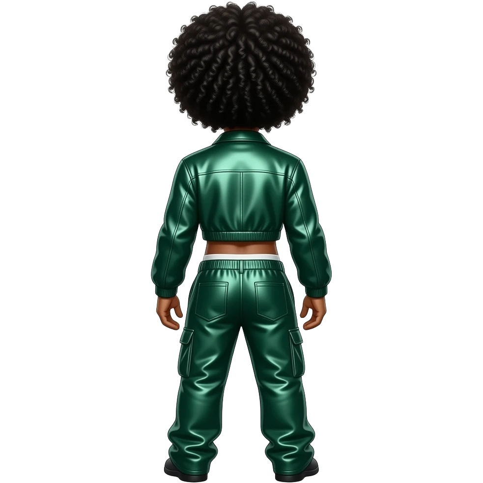 Ludacris from behind with big afro hair, dark green metallic crop top jacket, dark green metallic baggy pants with white undies emoji
