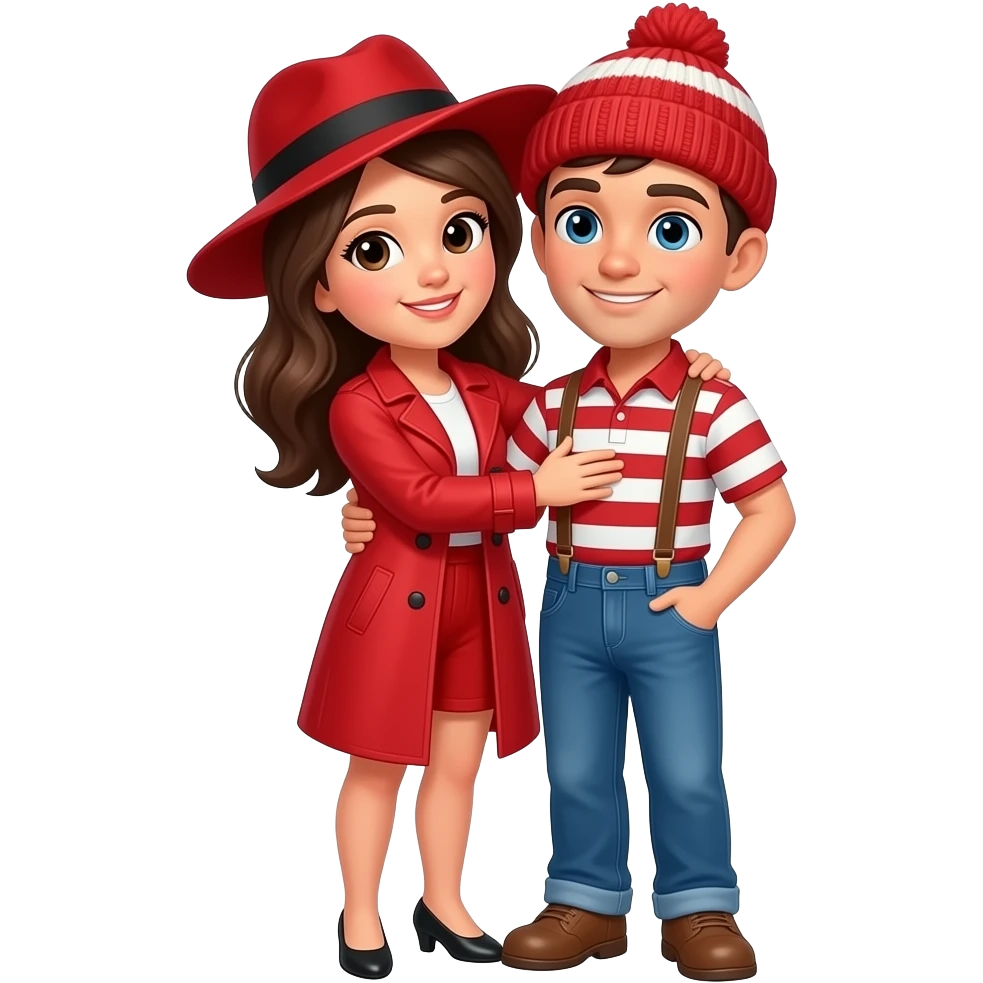 Carmen San Diego, a young woman wearing a red trench coat, a wide brim red hat with black band, and red shorts and Waldo, a young man wearing blue jeans, suspenders, a red and white striped shirt and a red and white striped knit beanie hat hugging (fullbody) emoji