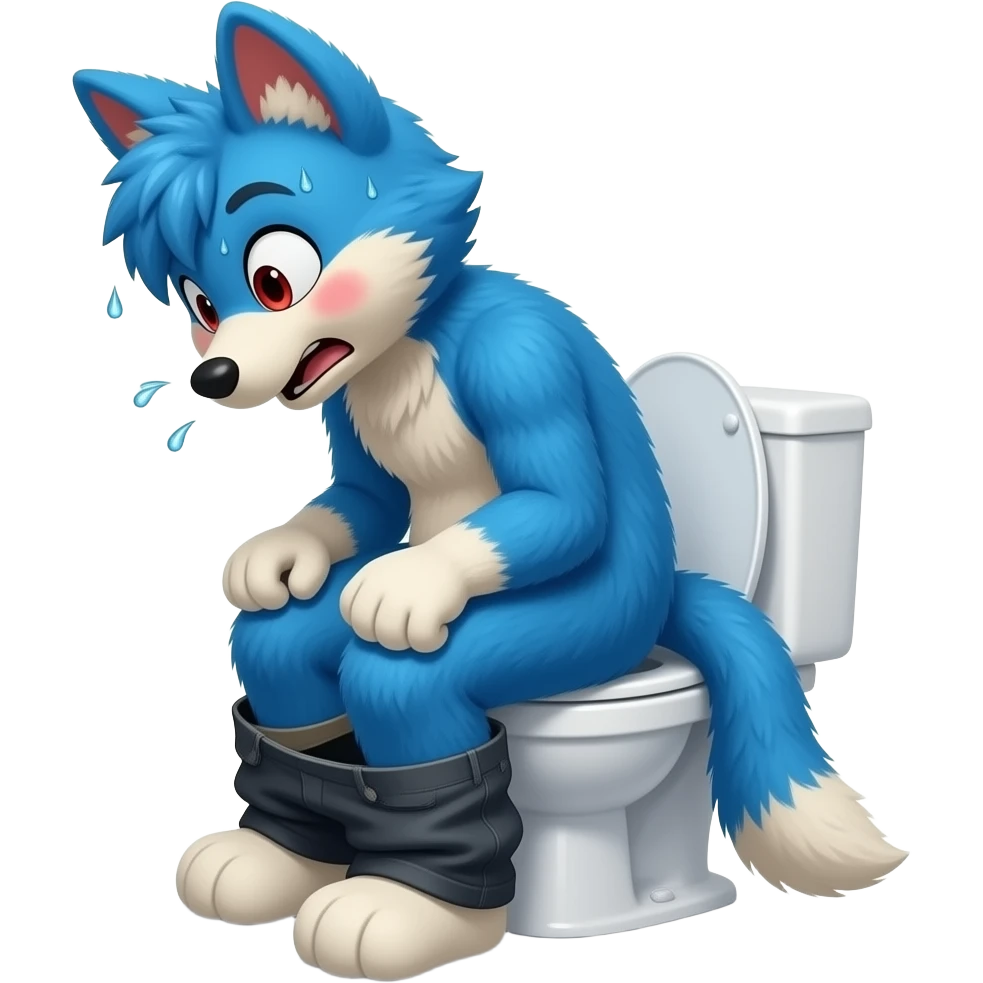 blue fursuit sitting on toilet, side view, pants down, straining face, red blushing face, sweating emoji