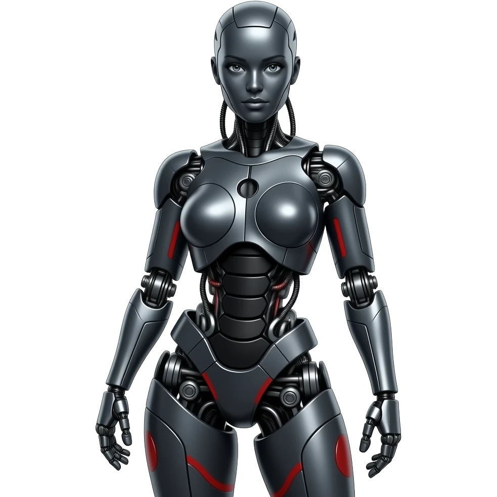 A female robot made of dark gray steel with black and red markings, full body, sexy pose, robot head, robot face, no human features emoji