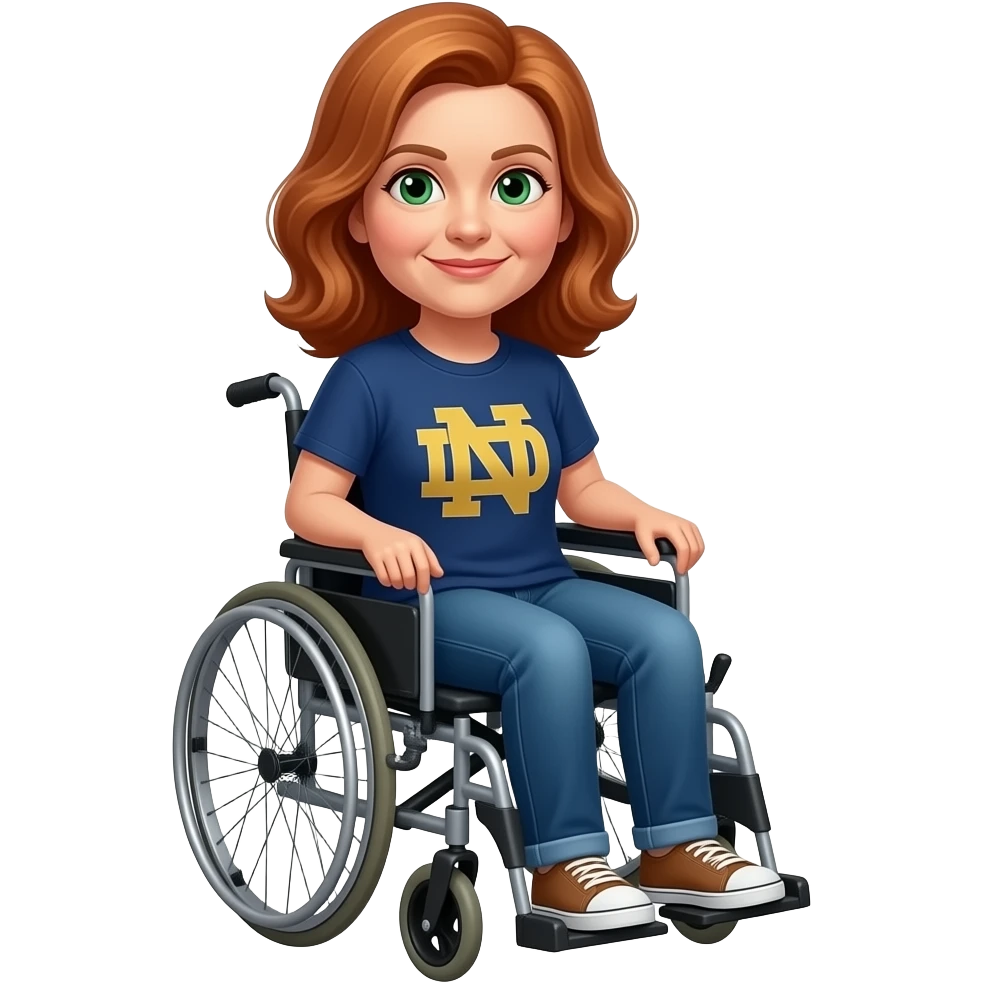 older female shoulder length red hair green eyes wheelchair jeans Notre dame t-shirt emoji