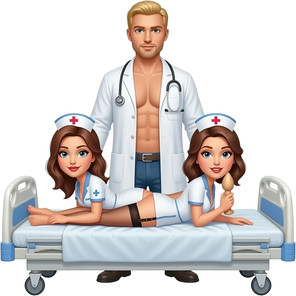 2 nurses with big breasts, slim, completely naked except for black garter belts, laying doggy style on bed, one nurse has a large dildo in hand, behind them is a tall blond male doctor, also naked with a large erection emoji