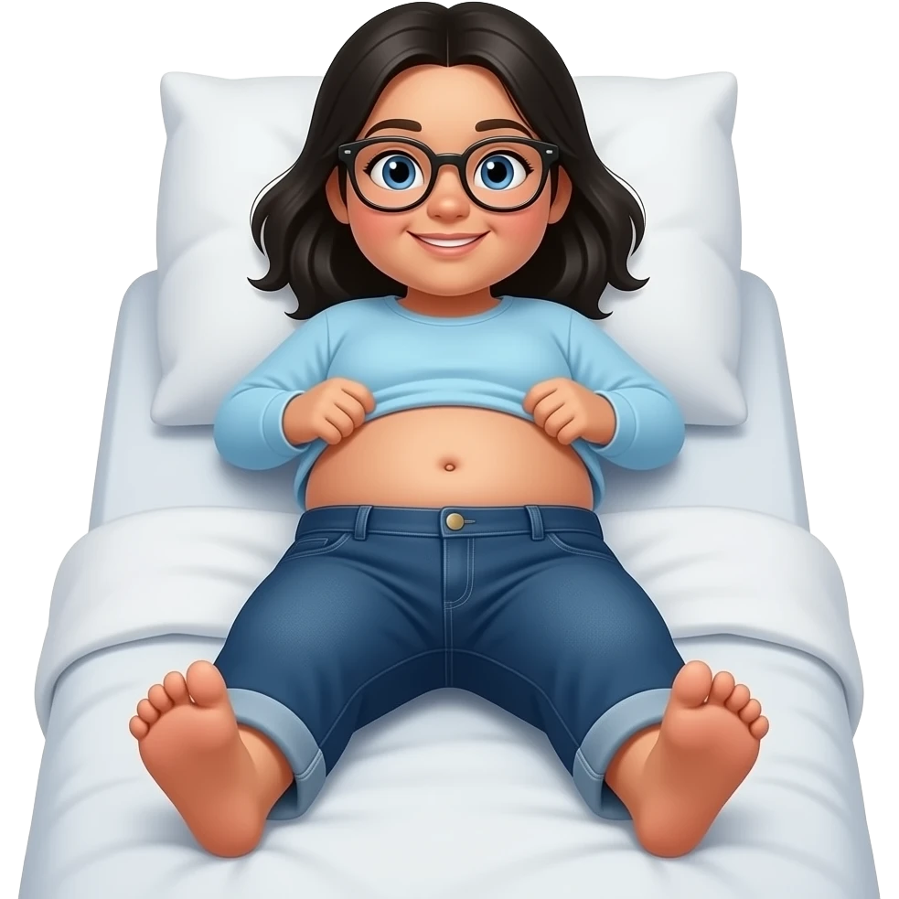 Obese Hispanic little girl with black hair and blue eyes rounded black glasses plain light blue long sleeve shirt and dark blue baggy jeans and belly button laying down on her pillow on her bed showing her feet lifting her shirt all the way up emoji