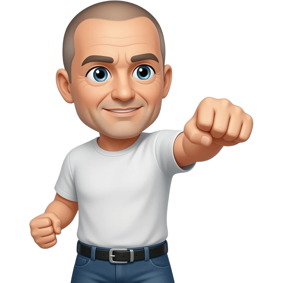 Middle-aged, white man, shaved short hair with a black belt doing a punch emoji