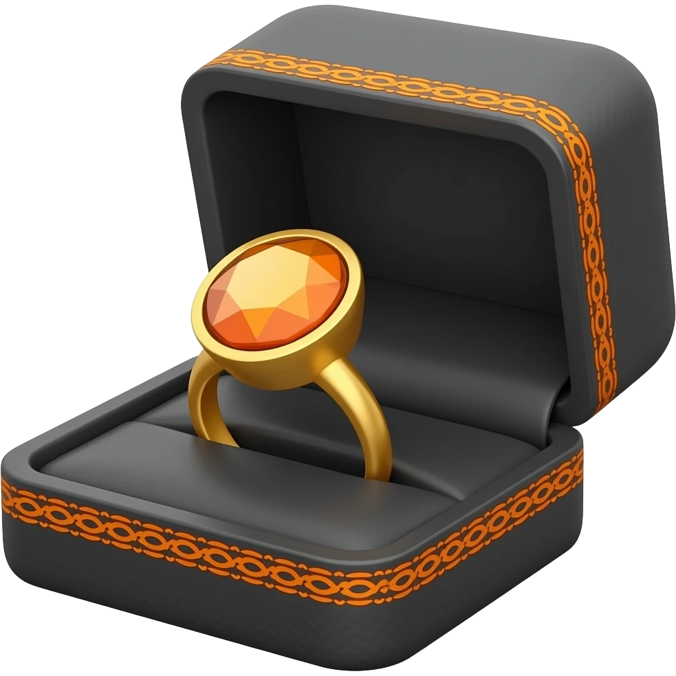 orange Topaz ring in a black box with ornage ornate trim emoji