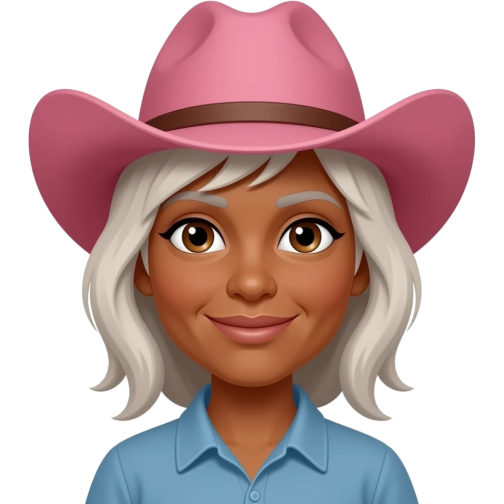 Old Cowgirl with pink hat dark tanned skin grey/blonde hair brown eyebrownsbrown eyes emoji