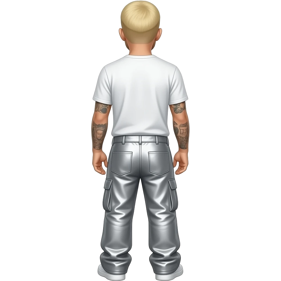 Eminem from behind with blonde buzz cut hair, white metallic t-shirt, light grey metallic faux baggy pants emoji
