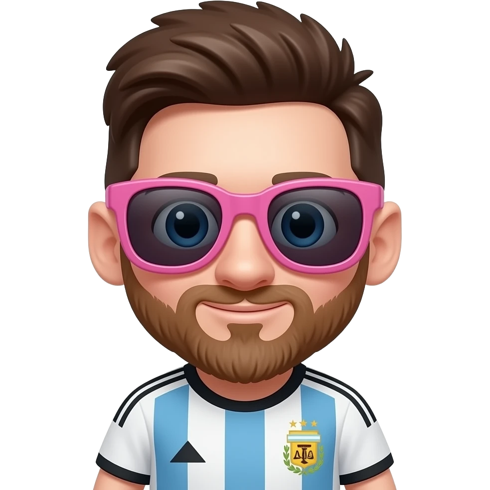 Cute front-facing Messi emoji, brown hair, beard, big eyes, Argentina jersey, soft gradient background. Exactly 1 pink sunglasses, oversized, covering most of the eyes and upper face. emoji
