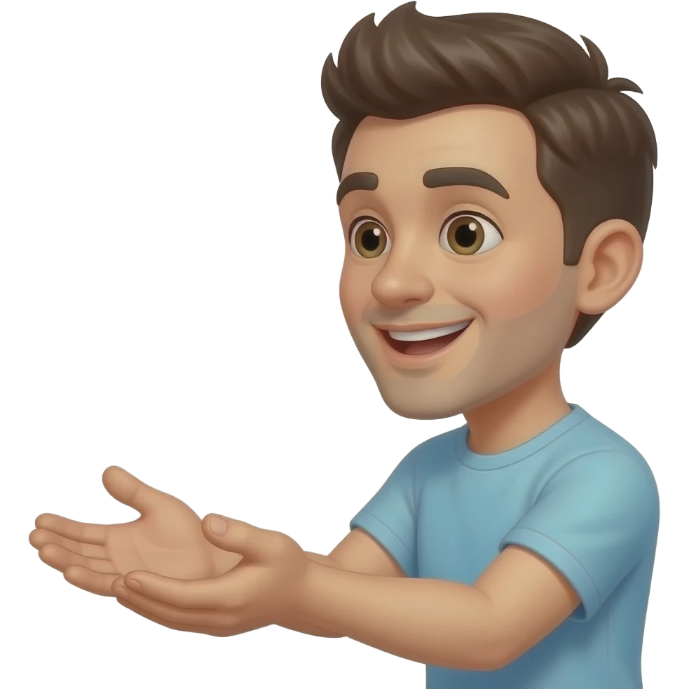 una persona con cara de tonto recibiendo con las manos abiertas, perspectiva de costado derecho, con las manos vacias emoji