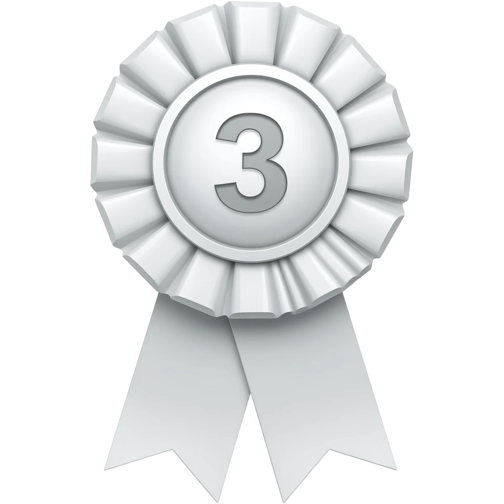 a third place ribbon that is white with smaller round top with a smaller 3rd in the middle of the round top emoji