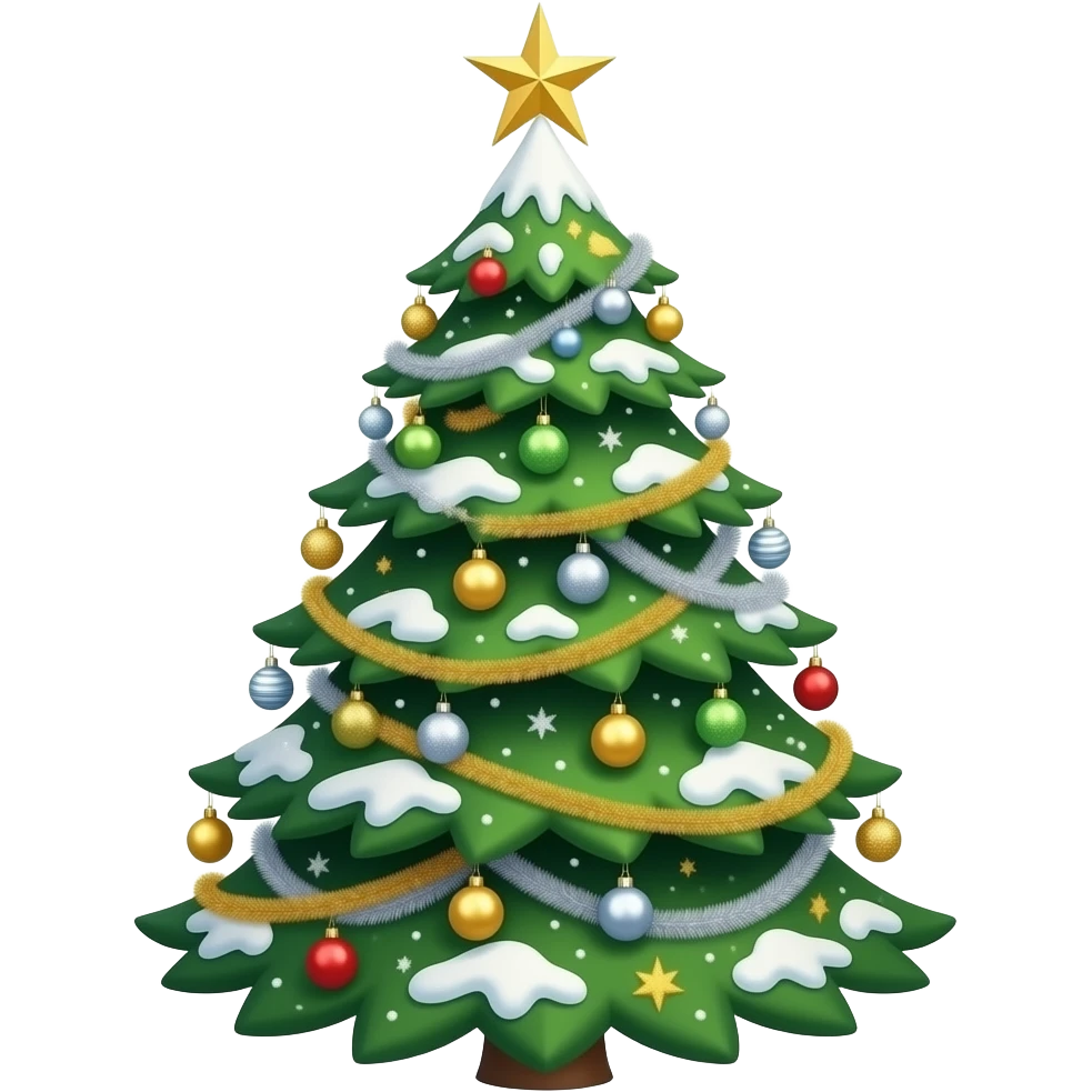 Highly detailed Christmas tree with ornaments, and silver and gold garland, and snow on the tree only emoji