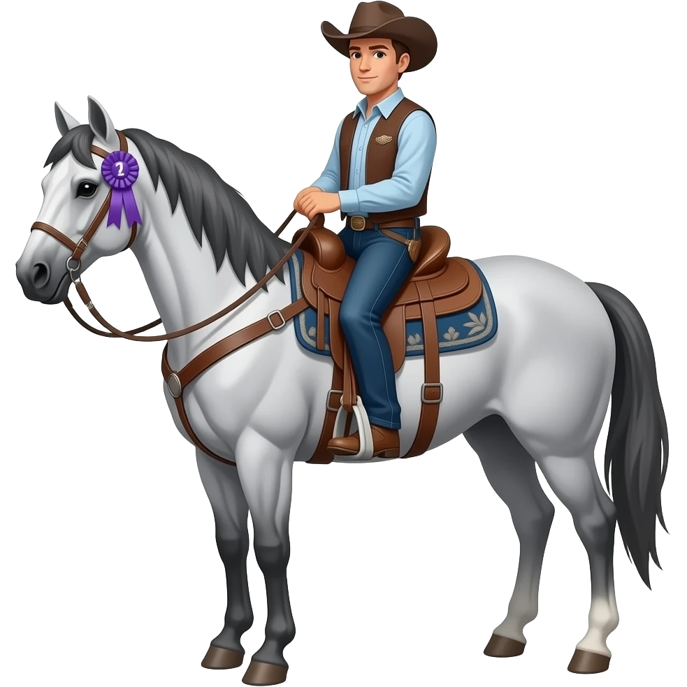 grey horse with western tack and a western dressed rider with a 1st place ribbon on the bridle emoji