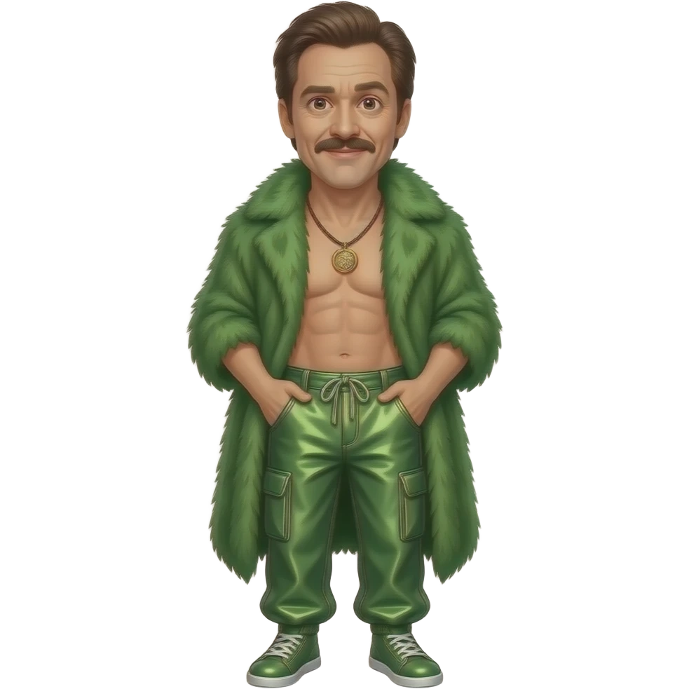 Jim Carrey with brown eyes, dark brown hair, green fur shawl, green metallic baggy pants, shirtless with necklace emoji