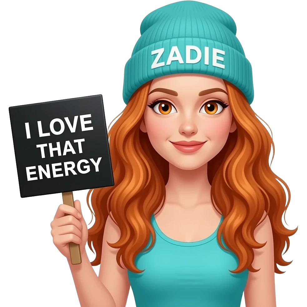 sexy girl with overlong wavy ginger hair and ginger eyes wearing a turquoise tanktop and a turquoise beanie with ZADIE written on it, is holding a black sign with I LOVE THAT ENERGY written on it emoji