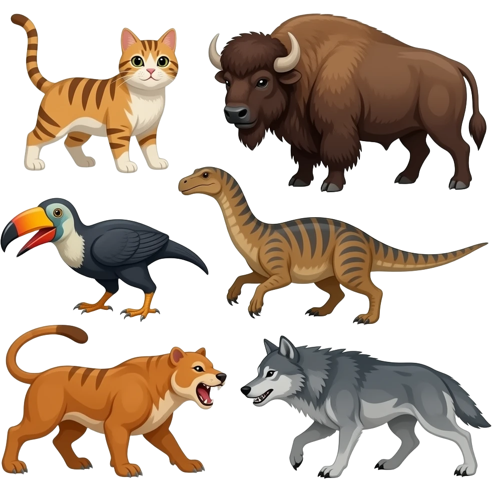 Callou and Gilbert the cat and bison vs megalania,terror bird,smilodon,dire wolf battle emoji