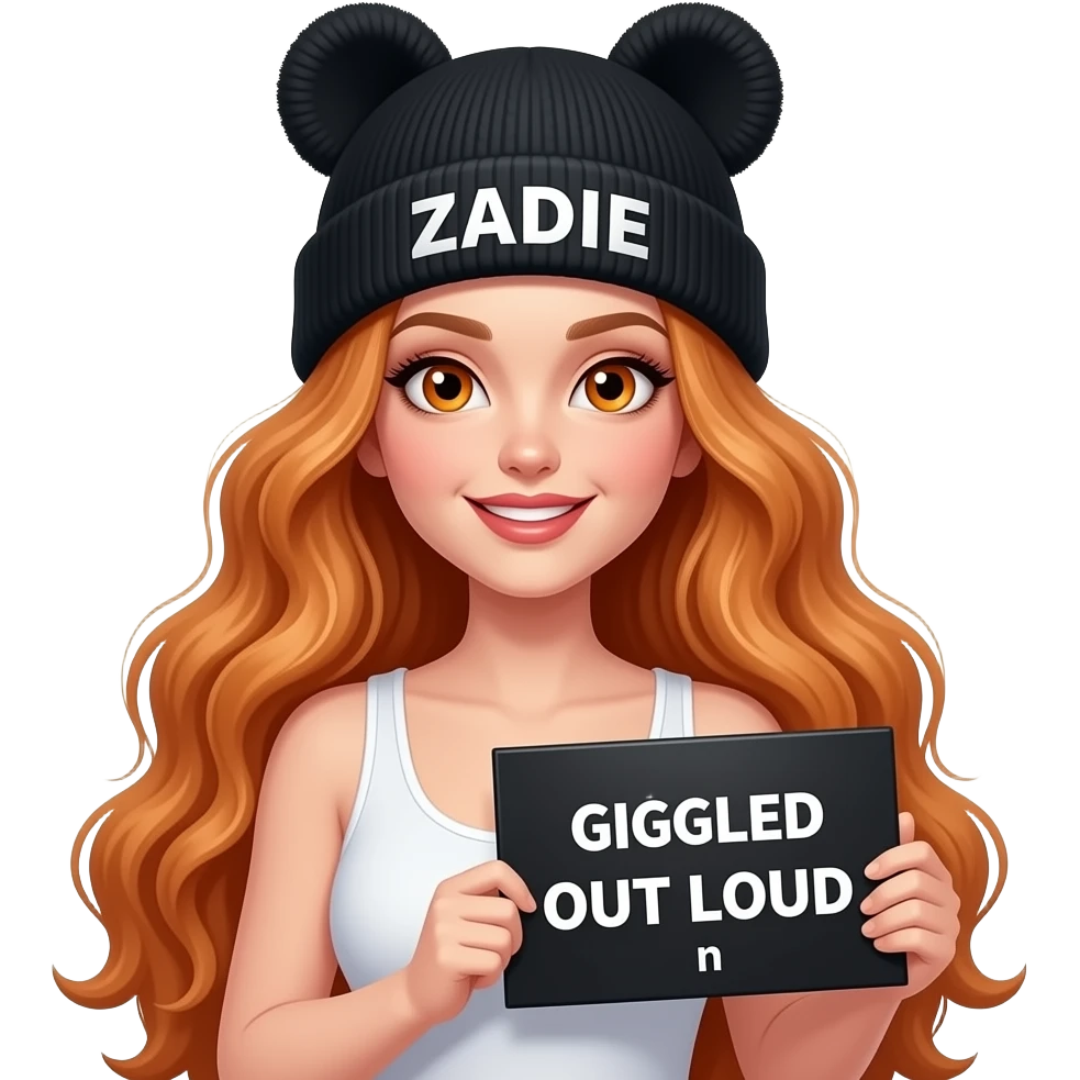 sexy girl with overlong wavy ginger hair and ginger eyes wearing a white tanktop and a black pom hat with ears with ZADIE written on it is holding a black sign with just GIGGLED OUT LOUD n it emoji