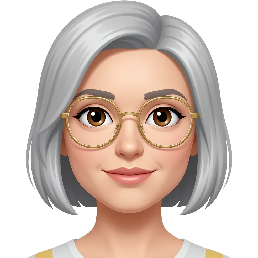 female, salt and pepper hair, bob cut without bangs, gold wire-rimmed eyeglasses, round jawline, chocolate brown eyes emoji