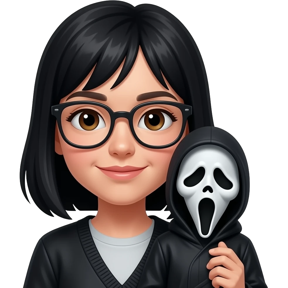 Girl with black hair and glasses with Ghostface doll emoji