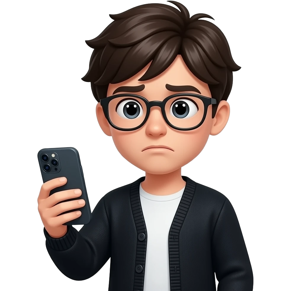 boy dark middle parted hair with glasses with confuse expression while looking directly to his phone in the left hand wearing black cardigan with white inner shirt emoji