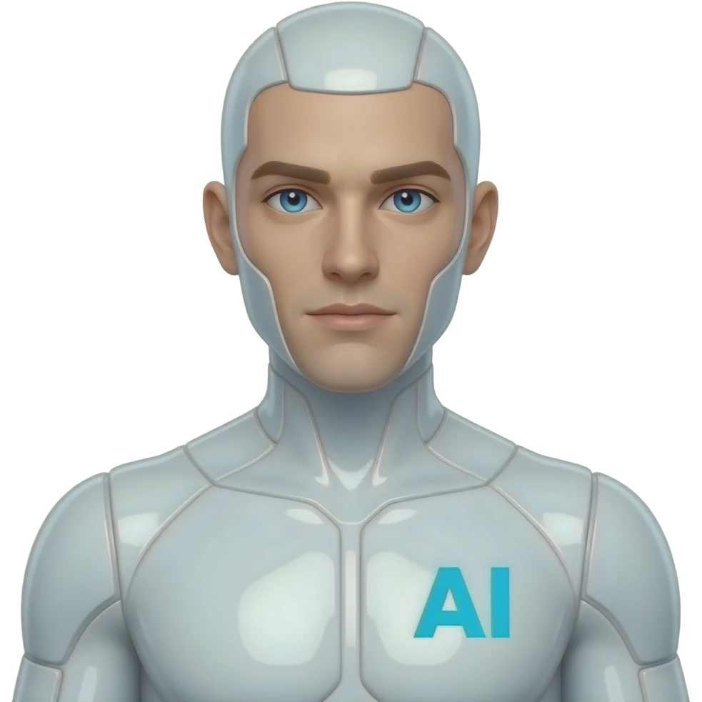 Erstelle eine sexy männliche Science-Fiction AI mit durchsichtiger weißer und glänzender Plastik artigen Haut, das Gesicht und Körper auch. er hat keine Augenbrauen und keine Haare. Ein AI Logo als Schrift leichten blau auf seiner rechten Brust und seine Augen leuchten  auch blau emoji