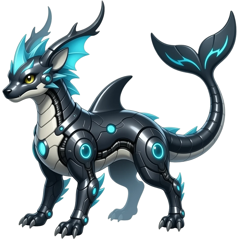 Tough realistic Quadrupedal digitigrade shiny glossy smooth finned frilled gothic tall slim unique epic legendary shiny edgy cool cyberpunk-solarpunk-fantasy-Sceptile-Sprigatito-Flyogn-Vaporeon-Electrike-Mudkip-Fakémon-hybrid with an orca tail emoji