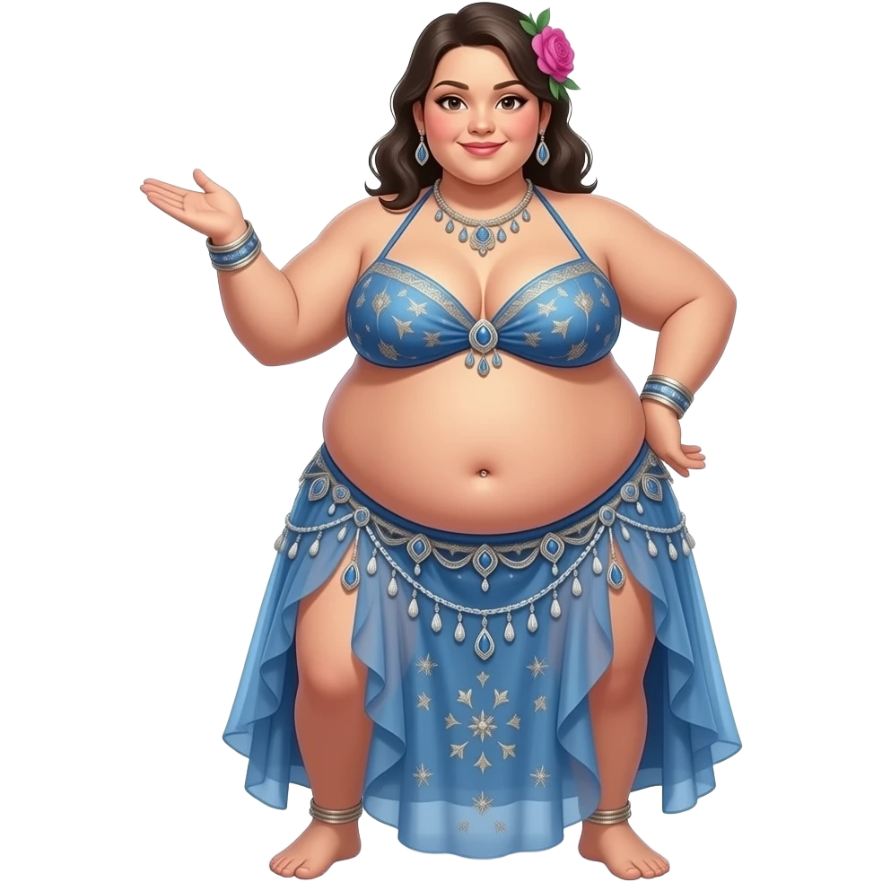 A sumo girl belly dancer,with an morbid obese love handles & muffin top midriff,her bellybutton bulging from being stuffed to the max after a luncheon buffet,She dances then her bouncy belly wobbles a lot. emoji